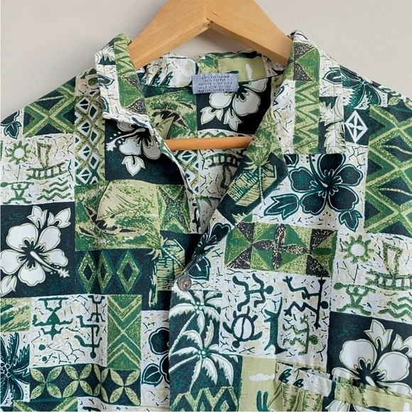 Royal Creations Hawaiian Shirt Sz L Hawaii Made Green Flower Palm Trees Pocket - Picture 3 of 8
